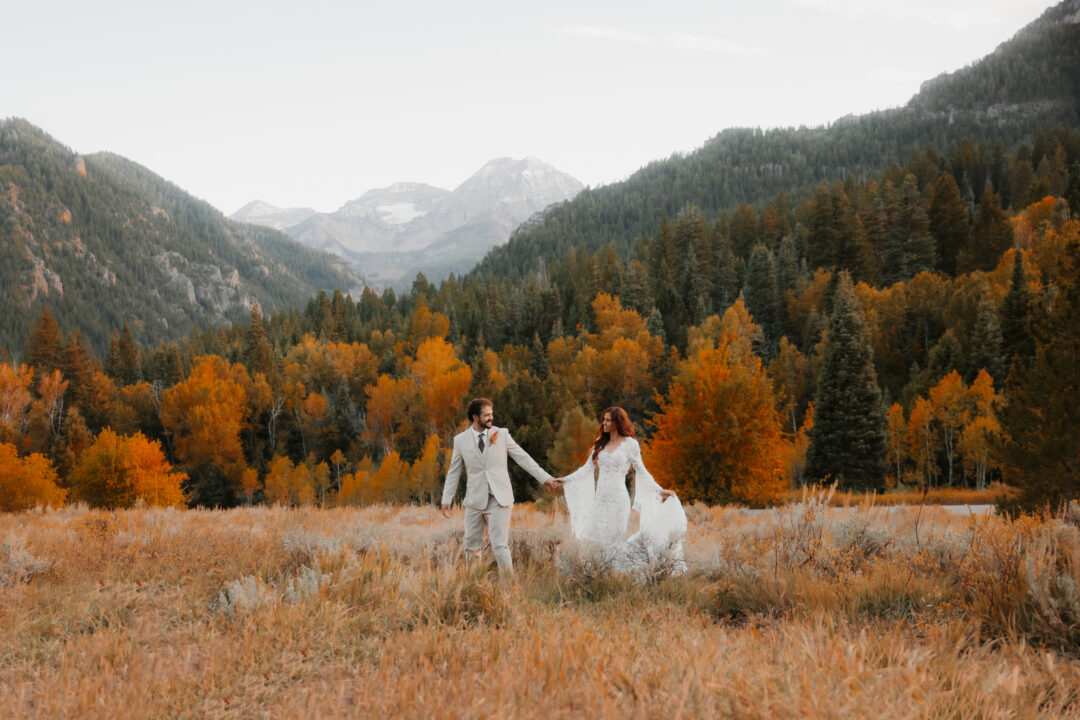 Bride and groom walking through for wedding pictures
