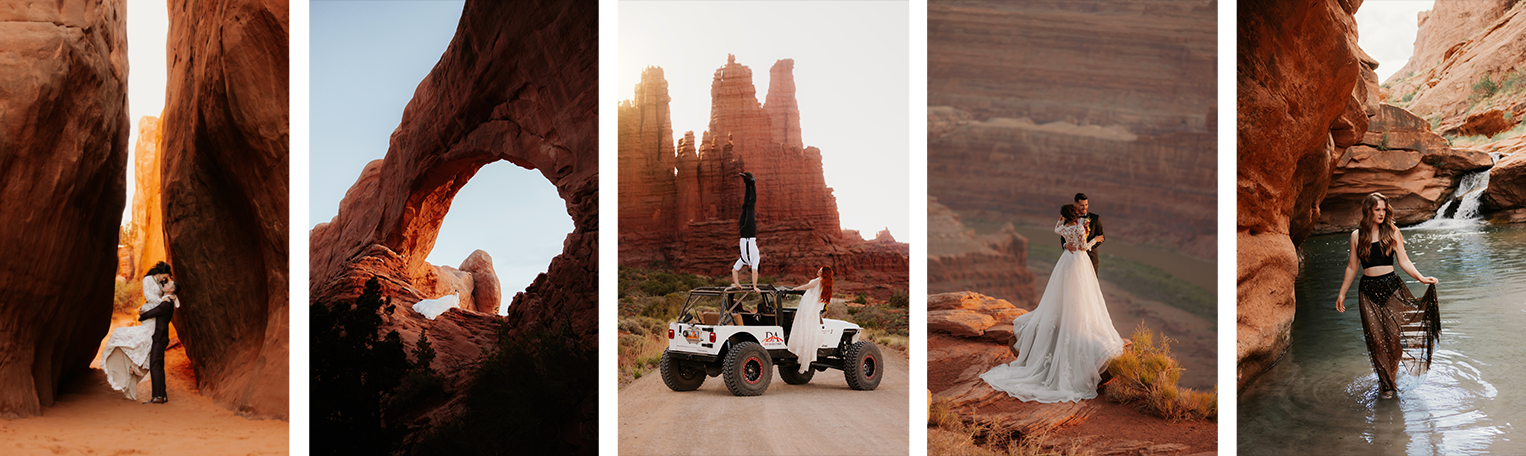 Cinematic wedding and elopement images from a photographer of epic arches and dramatic lighting of brides and grooms.