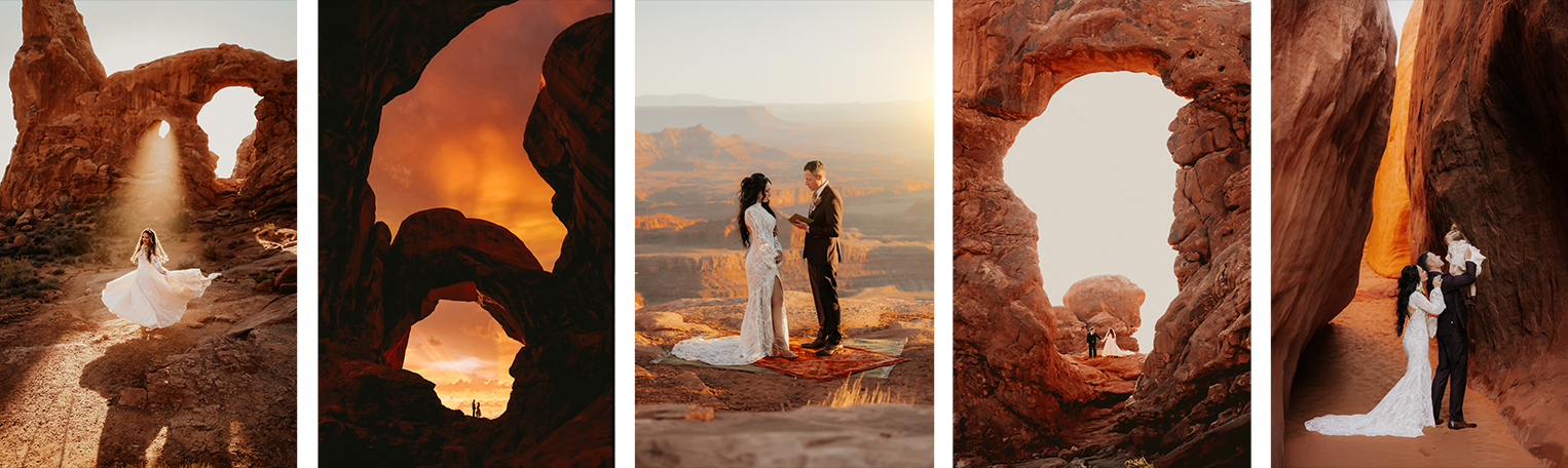 Cinematic wedding and elopement images from a photographer of epic arches and dramatic lighting of brides and grooms.