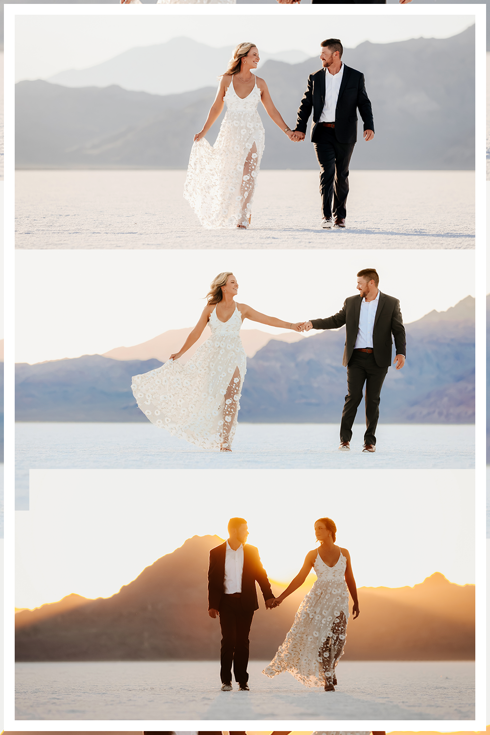 A wedding couple in Dead Horse State Park standing on a large stack of deep red stone at sunset with cinematic hazy lighting near the edge of the cliff.