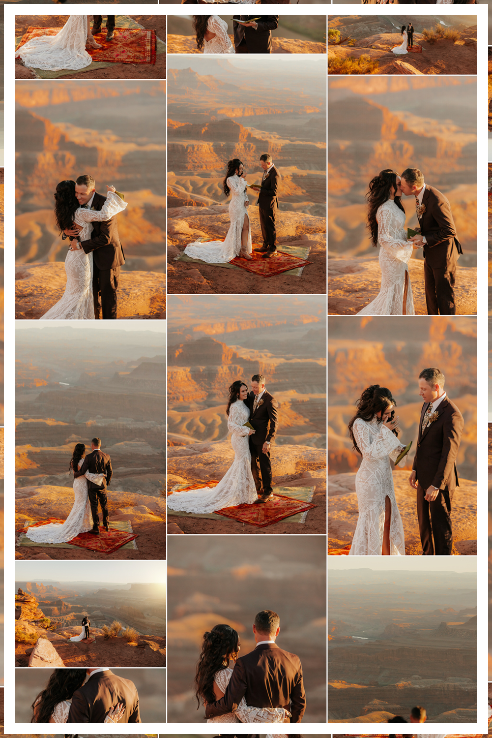 A wedding couple in Dead Horse State Park standing on a large stack of deep red stone at sunset with cinematic hazy lighting near the edge of the cliff.